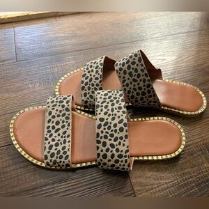 Shein Leopard Print Double-Strap Slide Sandals with gold accents. Size 7, $10.